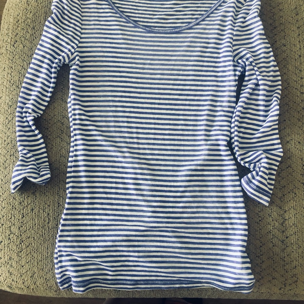 Energie Purple and White Sheer Striped 3/4 Sleeve Top